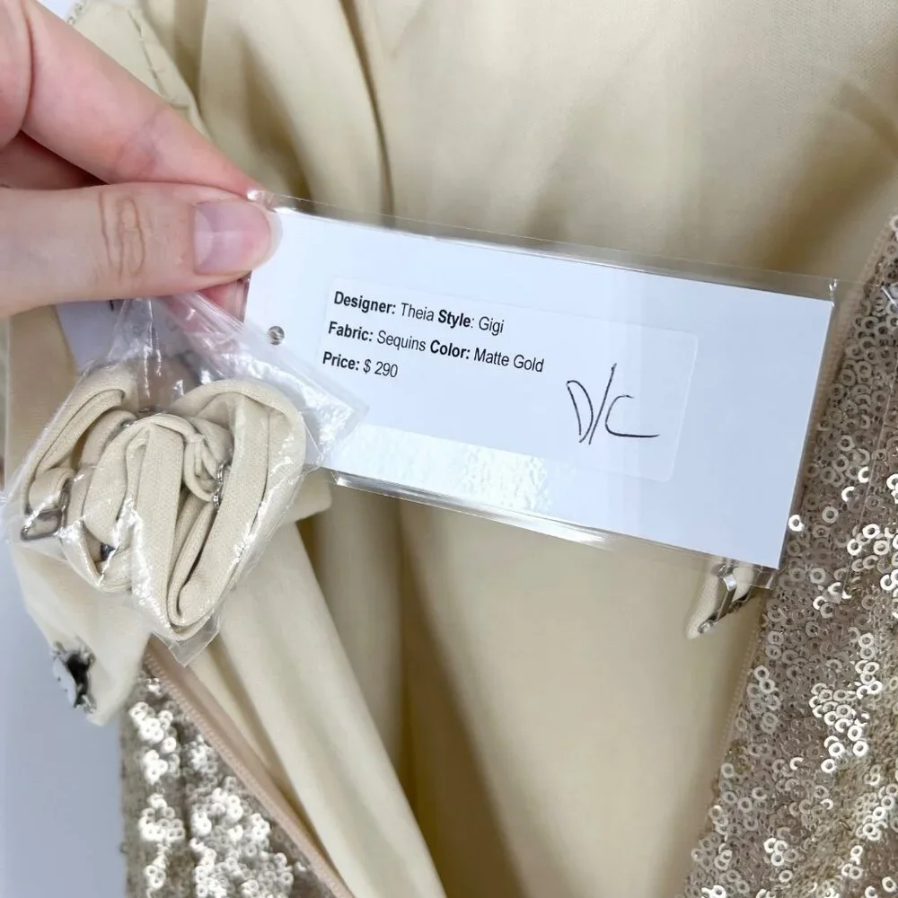 NWT Theia Bridesmaids Gigi Matte Gold Sequins Gown